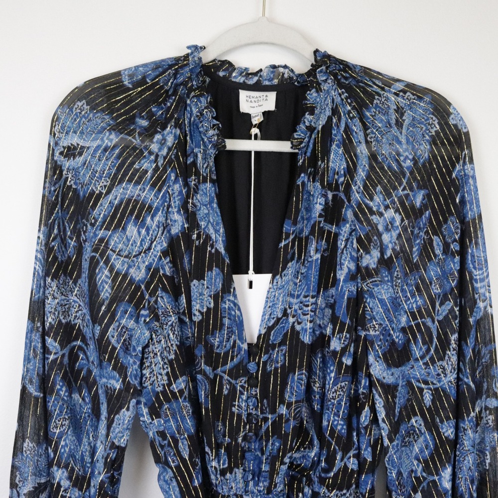 NWT Hemant and Nandita x Revolve Nitara Romper Large Floral Blue Black Belted - Picture 4 of 14